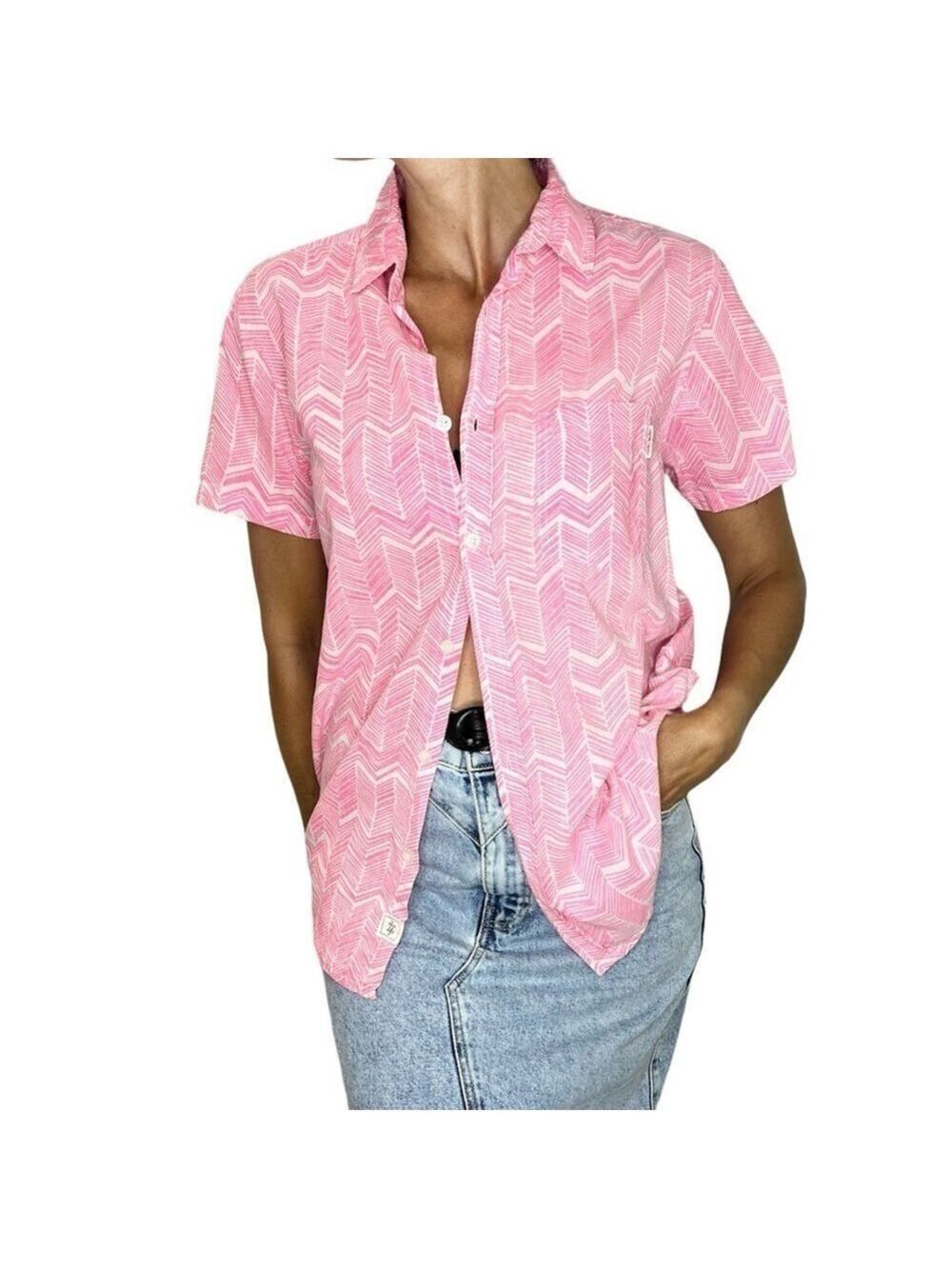 Lucky 7 Denim pink white cotton arrow chevron print short sleeve top M